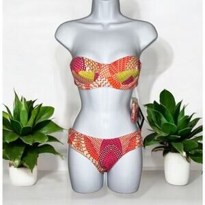 ECHO Havana Geo Print Bandeau Bikini Swimwear Ruched Bottom Multi Women's S NWT